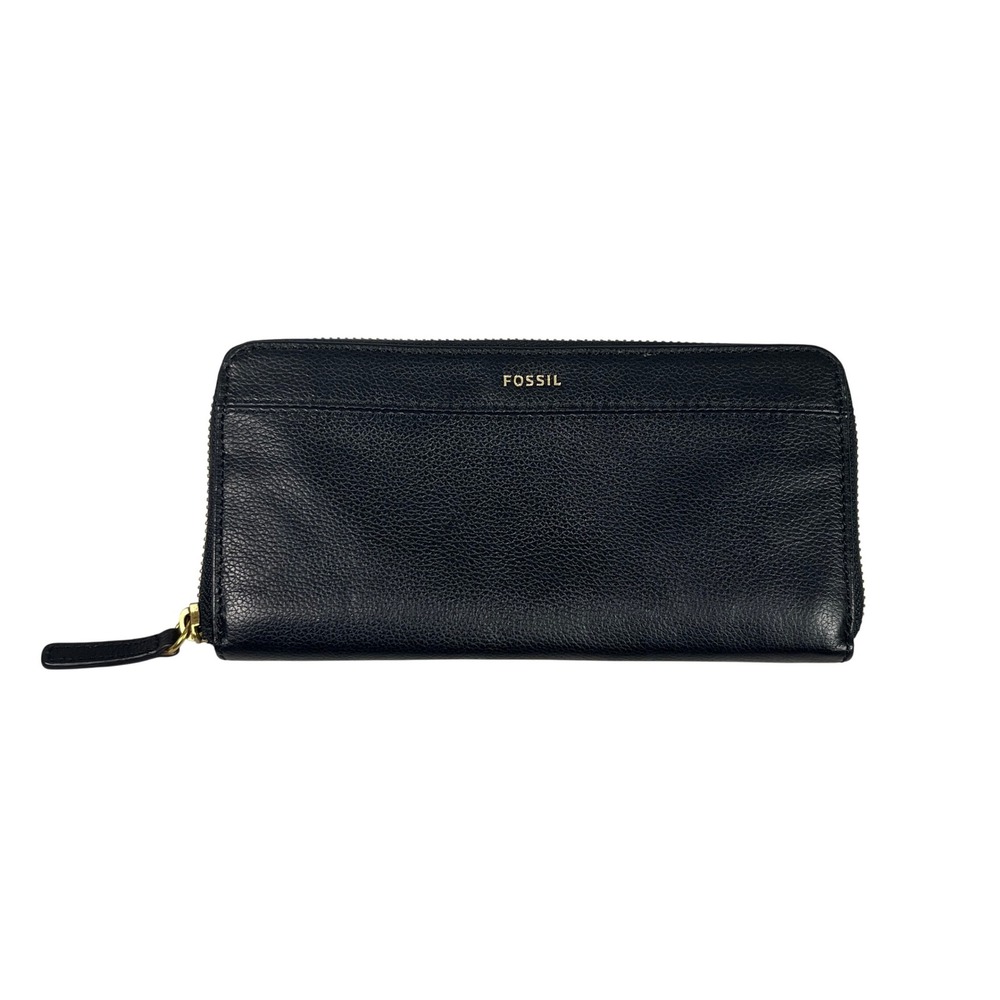 Fossil Logan Zip Around Clutch Wallet Black Pebbled Leather Gold Tone Hardware
